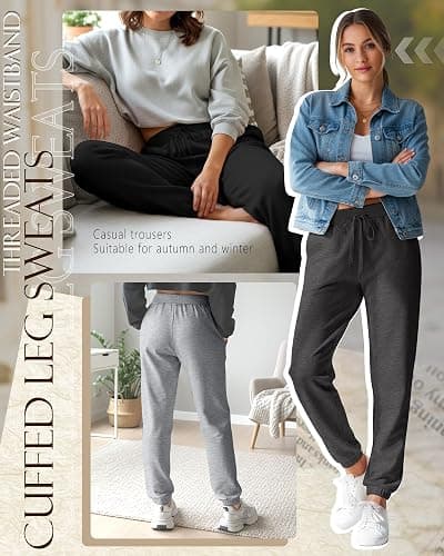 Velvelhall 3 Pack Women's Sweatpants with Pocket, High Waisted Drawstring Jogger Pants Cinch Bottom Casual Baggy Trousers thumbnail 6