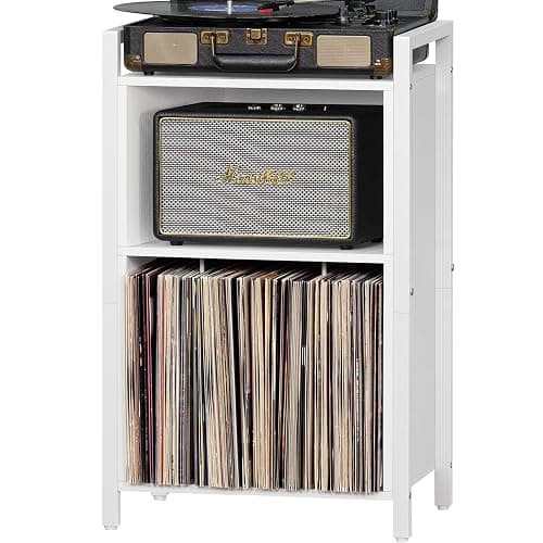 YAHARBO Record Player Stand, 3-Shelf Vinyl Record Holder with Storage, White Record Stand, Vintage Turntable Stand Holds Up to 100 Albums,Record Table with Handle for Living Room,Bedroom - Image 1