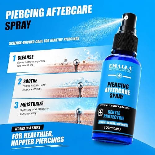 Emalla 3-in-1 Piercing Aftercare Spray 2oz Saline Spray for Piercings | Gentle Ear Piercing Cleaner Saline Solution for Piercing Soothing Piering Bump Care Alcohol Free Daily Mist Nose Belly Button thumbnail 4
