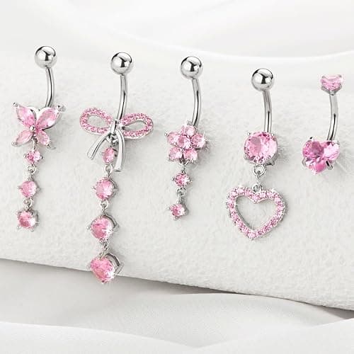 BSJ4U Belly Button Ring Dangle Navel Belly Piercing Jewelry Cute Pink CZ Heart Butterfly Bow Flower Navel Belly Rings for Women 14G Silver Stainless Steel Dainty Dangly Dangling Belly Button Piercing thumbnail 2