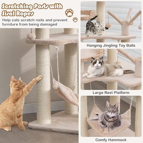 Tangkula Modern Cat Tree Tower, Multi-Level Tall Activity Center with Natural Sisal Scratching Posts, Hammock, Hand-Made Cattail Cute Condo with Funny Toy Balls thumbnail 6