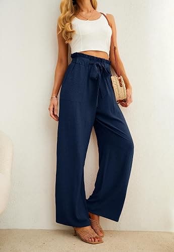 IWOLLENCE Women's Wide Leg Pants with Pockets High Waist Adjustable Knot Loose Casual Trousers Business Work Casual Pants thumbnail 3