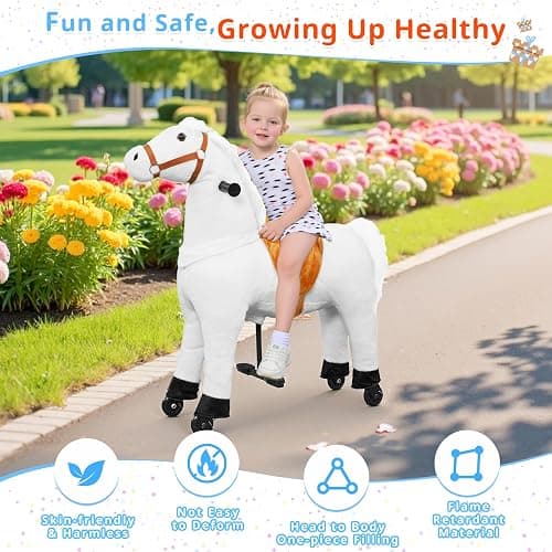 Ride on Horse,Horse Ride on Toy for Kids, Riding White Horse Mechanical Walking Action Plush Animal for 4 Years to 9, No Battery or Electricity, Max Load 165 LBS - White thumbnail 7