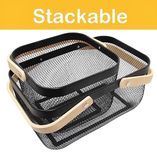 Cheardia 2 Pack Picnic Baskets, Metal Mesh Harvest Basket with Foldable Wooden Handle, Rectangle Garden Storage Basket Bin for Vegetable Fruit Garden Kitchen Cabinet Picking Gathering thumbnail 5