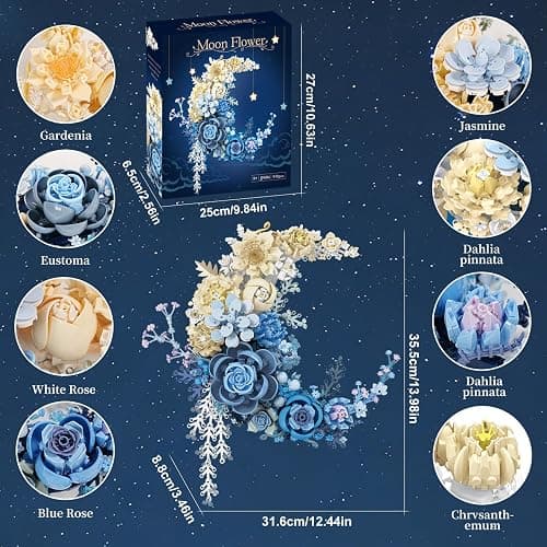Blue Moon Flower Building Set - Botanical Collection, Crescent-Shaped Ornaments for Home Décor Wall Art,Compatible with Lego Flowers for Valentine’s, Mother’s Day,Birthday Gift 8-16+(938pcs) thumbnail 3