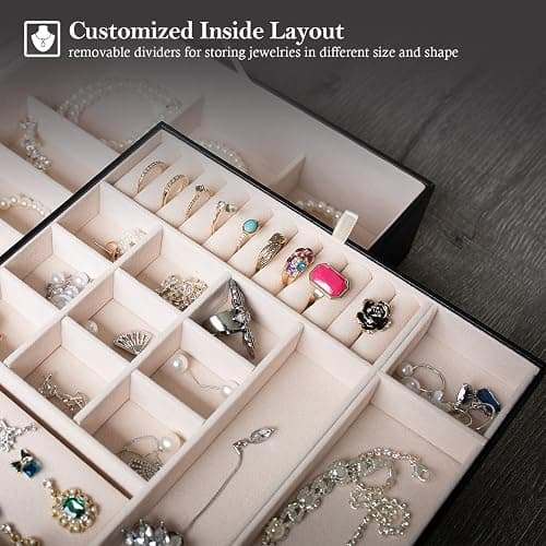 ProCase Jewelry Box for Women, 2 Layers Large Leather Jewelry Organizer Storage Case with Removable Pad for Earrings -Black thumbnail 5