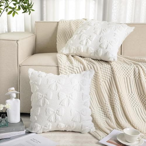 Mixweer Bow Pillow Covers Set of 2 Coquette Room Decor Cute Faux Fur Soft Coquette Bowknot Preppy Stuff Fluffy Plush Aesthetic Pillow Covers for Bed Sofa Couch(18 x 18 Inch,Cream White) thumbnail 5