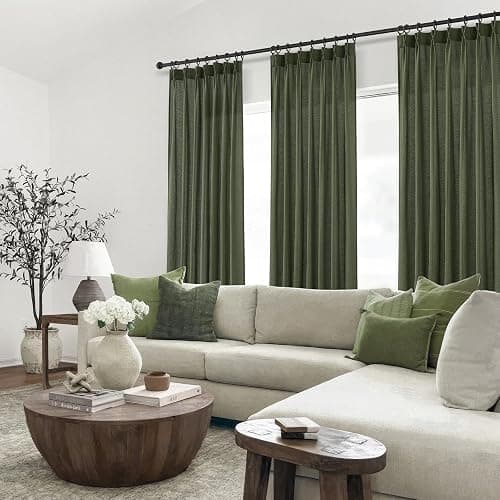 Pleated Linen Curtains 105 Inches Long for Living Room 2 Panel Set Olive Green Semi Sheer Light Filtering Pinch Pleat with Hooks Back Tab Drapes Neutral Boho 105 Inch Curtain for Bedroom Window thumbnail 8