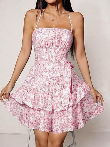 Narecte Summer Dresses for Women,Tie Halter Mini Dress,Floral Print Short Dress,Ruffle Trim Casual Dresses thumbnail 2