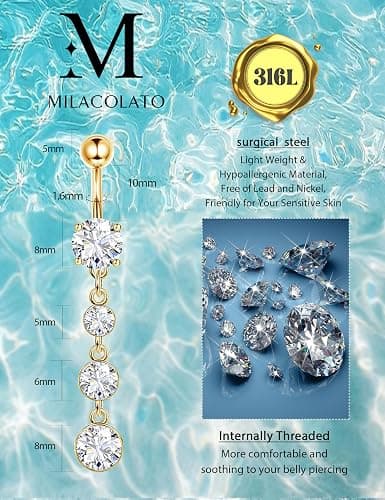 MILACOLATO 8Pcs Belly Button Rings Set, Surgical Stainless Steel Belly Button Piercing, Flower Heart Butterfly Dangly Belly Ring, Clicker Belly Piercing, Navel Piercing Jewelry for Women Girls 10mm thumbnail 5