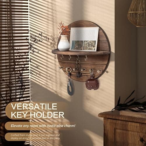 Rebee Vision Pine Wood Key Holder Wall Mount – Rustic Wooden Key Hooks for Wall with Shelf – Decorative Mail Organizer, Coat Rack & Dog Leash Holder for Home Decor, Entryway and Living Room (Brown) thumbnail 6