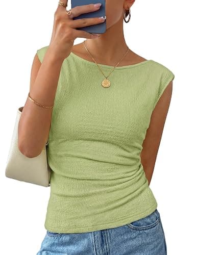 ZESICA Women's Summer Ruched Trendy Tank Top 2026 Cap Sleeve Boat Neck Slim Fit Spring Tops Going Out Tee Shirts Fashion - Image 1