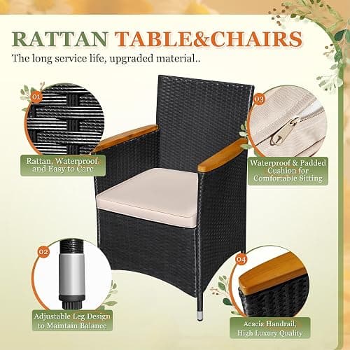 Greesum 5 Pieces Outdoor Patio Dining Set, Conversation Sets with 1 Table and 4 Rattan Chairs with Curved Acacia Wooden Armrests and Cushions, Black thumbnail 6