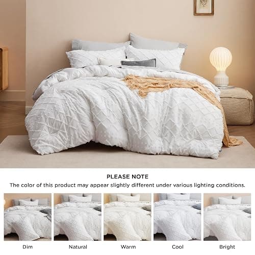 Bedsure Queen Comforter Set - White Comforter, Boho Tufted Shabby Chic Bedding Comforter Set for Kids, 3 Pieces Vintage Farmhouse Bed Set for All Seasons, Fluffy Soft Bedding Set with 2 Pillow Shams thumbnail 8