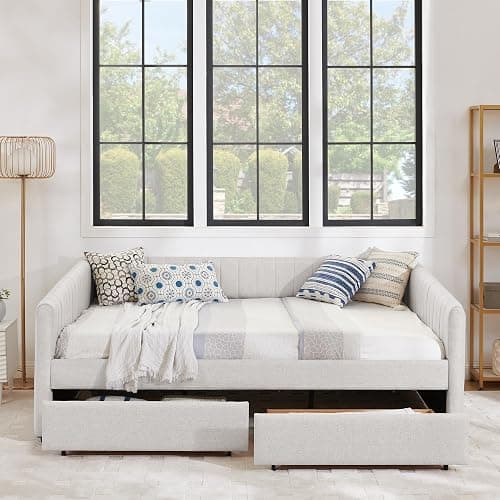 KEIKI Queen Size Linen Upholstery Daybed with 2 Drawers, Modern Style Tufted Corner Sofa Bed Frame with Solid Wooden Slats, Easy Assembly, No Box Spring Required, for Living Room, Bedroom, Beige - Image 1