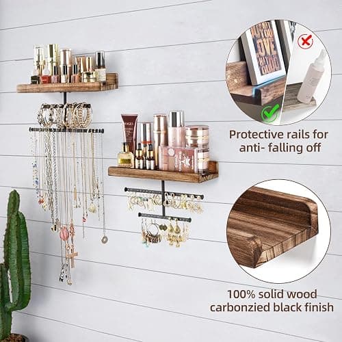 Keebofly Hanging Wall Mounted Jewelry Organizer with Rustic Wood Jewelry Holder Display for Necklaces Bracelet Earrings Ring Set of 2 Carbonized Black,[Patented] thumbnail 4