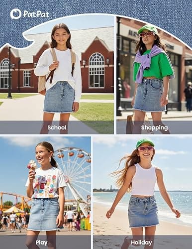 PATPAT Denim Skirt for Girls 5-14 Years, A-Line Mid Waist Mini Jean Skirt with Elastic Waistband & Frayed Hem thumbnail 2