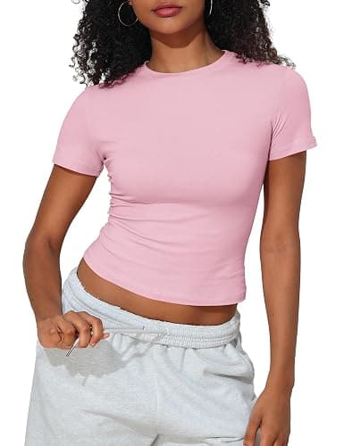 PrettyGuide Women's Crew Neck Short Sleeve Summer Basic Tee Tight Fit Cotton Jersey T Shirt Y2K Going Out Tops - Image 1