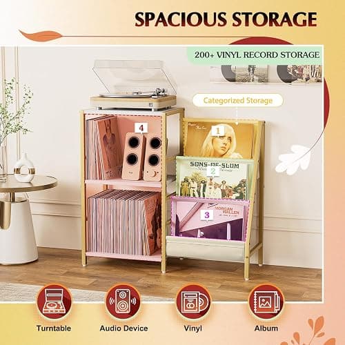 Record Player Stand, Turntable Stand with 3-Tier Vinyl Record Storage, Record Player Table 200 Albums, End Table with Vinyl Display Holder Shelf, Record Player Cabinet Media Console for Stereo,Gold thumbnail 5
