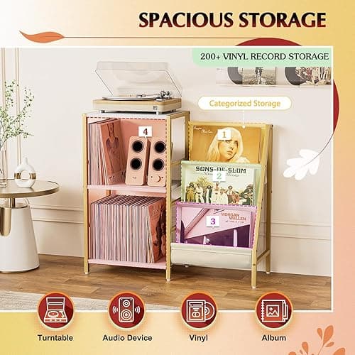 Record Player Stand, Turntable Stand with 3-Tier Vinyl Record Storage, Record Player Table 200 Albums, End Table with Vinyl Display Holder Shelf, Record Player Cabinet Media Console for Stereo,Gold thumbnail 6