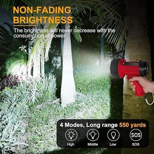 YIERBLUE Rechargeable Spotlight Flashlight with 2000,000 High Lumen LED | IP67 Waterproof Long Running Spot Light searchlight, Impact Resistant Handheld Spotlight with Foldable Stand and Red Lens thumbnail 2