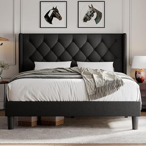 iPormis Full Size Platform Bed Frame with Button Tufted Headboard, Upholstered Bed Frame with Solid Wooden Slats, 8" Underbed Space, No Box Spring Needed, Noise Free, Easy Assembly, Black thumbnail 8