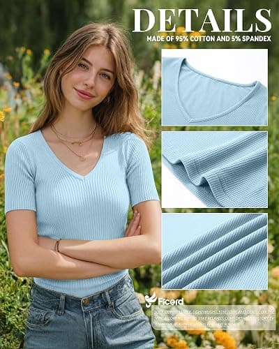 Ficerd 3 Pack Women's Short Sleeve Cotton T-Shirts V Neck Ribbed Slim Fit Tops Ladies' Casual Summer Basic Tee thumbnail 5