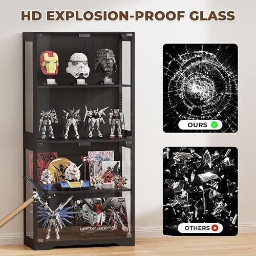 BROTTAR Display Cabinet with Glass Doors, 4-Tier Curio Cabinet with 3 Color Lights for Collectibles, Glass Display Case with Human Body Sensor, Bookcase with 4 Shelves, Storage Cabinets, Black thumbnail 8