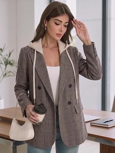 Mina Self 2026 Fall Women's Hooded Blazer Jacket Oversized Business Casual | Long,Double-Breasted,Full-Lined,Open Front,Long Sleeve, Lapel, Dressy Suits,Work Office Outfits With Pocket,Capsule Wardrobe thumbnail 2
