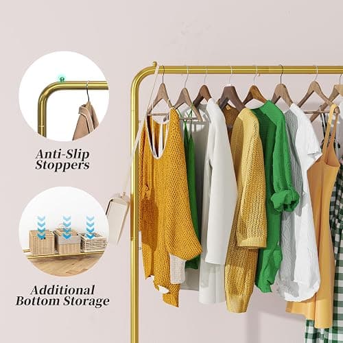 Simple Trending Standard Clothes Clothing Garment Rack with Storage Shelves, Rolling Clothes Organizer on Wheels for Hanging Clothes, Gold thumbnail 7
