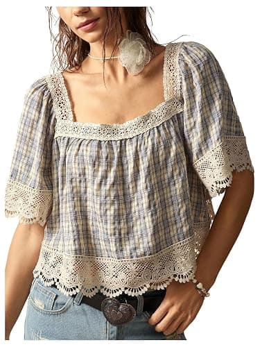 SHENHE Women's Plaid Blouse Crochet Lace Square Neck Cottagecore Crop Top | Boho, Short Sleeve, Vacation Outfits, Loose FIt, Oversized, Peplum Top - Image 1