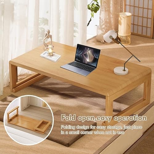 rzoizwko Japanese Floor Table Tea Table Low Coffee Table Bamboo Versatile Folding Design for Tatami Home,Office,Living Room (Original Wood Color, 47.24" Dx 19.68" W x11.8 H) thumbnail 4