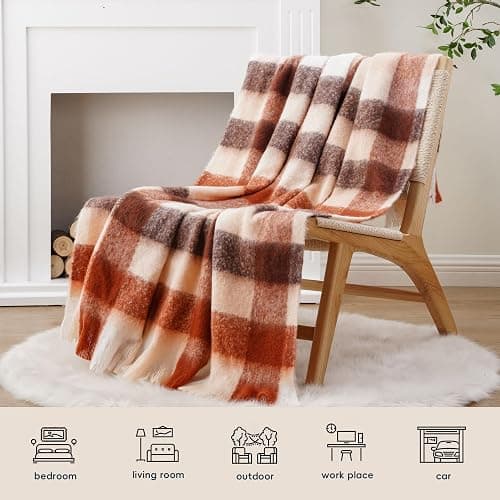 BATTILO Rust Plaid Throw Blanket for Couch Bed, Soft Mohair Tartan Plaid Blanket, Farmhouse Style Checkered Pattern, Fall Throw Blankets for Home Decor(50"x60") thumbnail 7