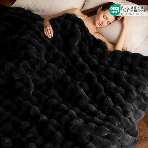 PLUUSHUU Faux Fur Throw Blanket for Couch, Fluffy Fuzzy Plush Bubble Blanket, Soft Warm Cozy Shaggy Rabbit Blanket, Luxury Decorative Gifts for Sofa Bedroom Living Room, 60x50inch (Black) thumbnail 5