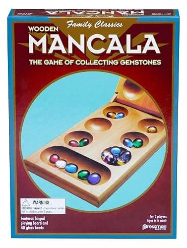 Pressman Mancala Board Game | Fun Classic Table for Adults & Kids | Includes 48 Glass Mancala Stones and Wood Hinged Playing Board | 2 Players, Ages 6+ thumbnail 2