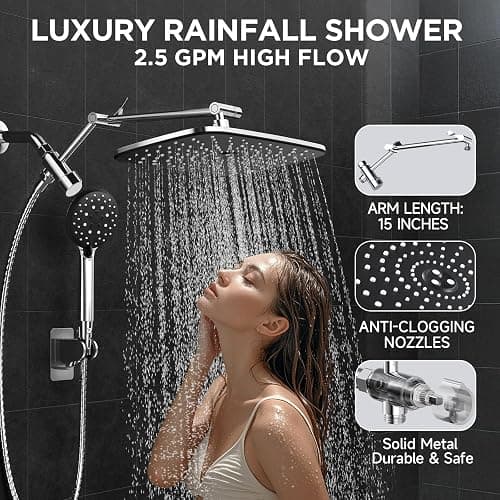 Veken High Pressure Rain Shower Head Combo with Extension Arm- Wide Showerhead with 6 Handheld Water Spray - Adjustable Dual Shower with Anti-Clog Nozzles - Silver Chrome - Chrome thumbnail 6