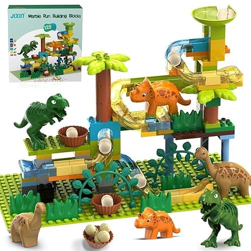 JIXIn Dinosaur Marble Runs for Kids 4-8 - Building Blocks Compatible with DUPLO Lego Sets - 125 PCS Classic Big Blocks for Toddlers Ages 3-5 - Montessori Learning STEM Toys - 125 Dinosaur Marble Run