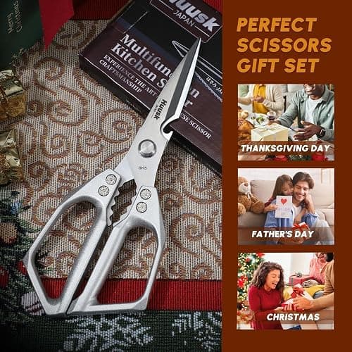 HUUSK Kitchen Scissors All Purpose - Stainless Steel Kitchen Shear, Sharp Silver Meat Scissors Dishwasher Safe, Heavy Duty Poultry Shears, Japanese Cooking Scissor for Food, Christmas Gifts for Women thumbnail 5