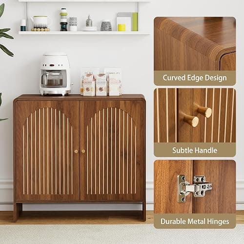 RUSTYER Sideboard Buffet Cabinet with Storage, Wood Arched Storage Cabinet with 2 Doors and Adjustable Shelf, Small Curved Entryway Accent Cabinet for Living Room Hallway Kitchen Dining Room, Walnut thumbnail 4
