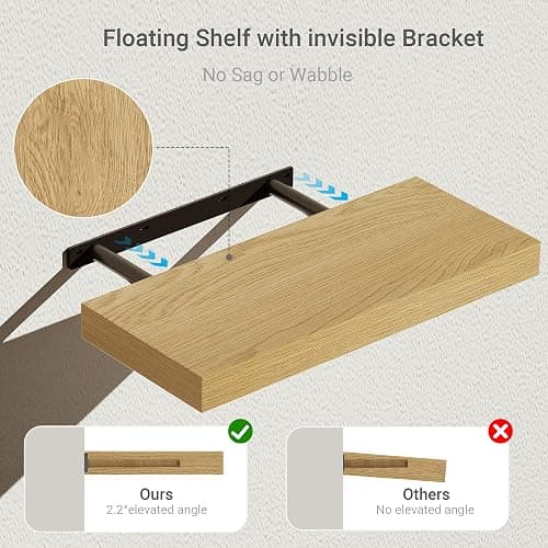 Vivelove Floating Shelves for Wall Mounted, 16 inchs Shelf for Small Bathroom, Bedroom, Living Room, Kitchen, Modern Home Decor, Rustic Farmhouse Wall Shelves with Invisible Brackets - Set of 2, Oak thumbnail 4