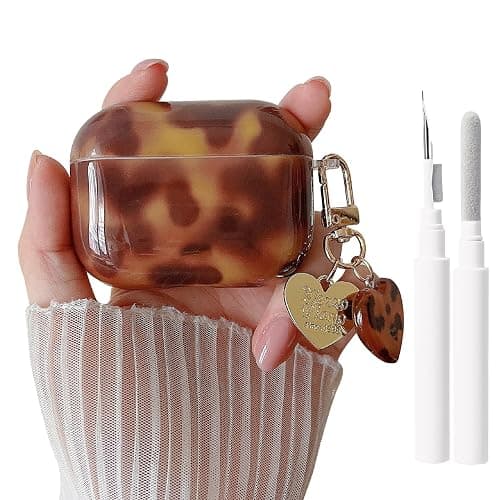 MINSCOSE Compatible with AirPods Pro 3rd Generation Case (2025) with Cleaner Kit,Cool Amber Tortoise Leopard Aesthetics Case with Trendy Heart Shaped Keychain for Girls for AirPods Pro 3-Brown - Image 1