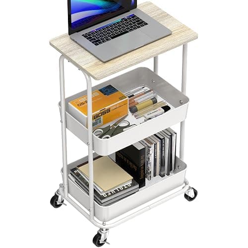Simple Houseware 2-Tier Rolling Utility Cart with Lockable Wheels and Wood Top, Metal Storage Organizer Trolley for Kitchen, Bathroom, Office, Craft Room, Maple thumbnail 4