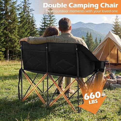 Goplus Double Camping Chair, Oversized Padded Loveseat w/Cup Holders, Glass Racks and Mesh Pockets, 660 LBS Heavy Duty Folding 2 Person Camp Couch w/Carry Bag for Lawn, Beach and Picnic (Black) thumbnail 5