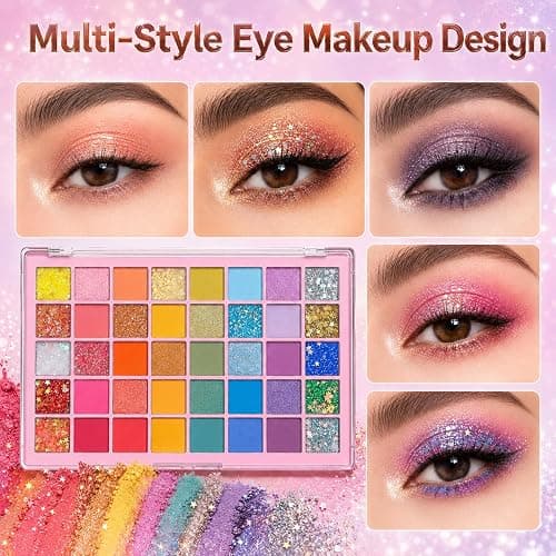 Colourful Glitter Eyeshadow Palette, 40 Colours Matte Glitter Eyeshadow Yellow Silver Pink Purple Green Blue Eye Make Up Palettes, Long Lasting Colourful Eye Shadow Pallets for Women thumbnail 7