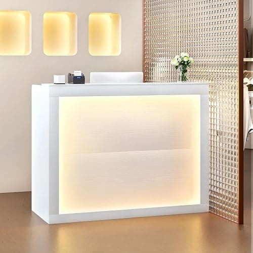 TC-HOMENY Reception Desk with LED Lights, 55'' Retail Counter Modern with Storage Shelves and Cable Grommet, Front Table, Salon Desk, Office Table,White thumbnail 3