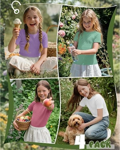 Oakgarden 4 Pack Girls T Shirts 5-14 Years Short Sleeve Ribbed Tops Crew Neck Slim Fit Summer Casual Cute Basic Tees for Kids thumbnail 2
