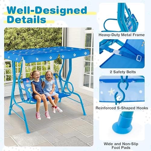 Costzon Kids Porch Swing, All-Weather Patio Swing Bench Hammock w/Adjustable Canopy & Safety Belts for 2 Children, Outdoor Swing for Backyard Garden Balcony Poolside (Blue, Dinosaur) thumbnail 7
