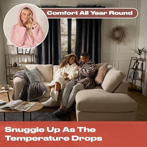 OHS Womens Dressing Gowns Teddy Fleece, Warm Cosy Fluffy Dressing Gown Bathrobes Women Hooded Luxury Oversized Ladies Mens Dressing Gown, One Size thumbnail 5