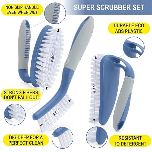 Scrub Brush Set of 6 pcs - Cleaning Shower Scrubbers with Squeegee for Shower Glass and Adhesive Wall Hooks Including Grout Cleaner Brush, Scrub Brushes for Cleaning Bathroom, Shower, Tile, Bathtub thumbnail 3