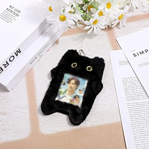Tweruna Black Cartoon Plush Photocard Holder Keychain, Cute Cartoon Cat Photo Card Holder Keychain, Soft Plush Photo Card Holder for ID Card Cover Photo Protective Bag Pendant Decor thumbnail 5